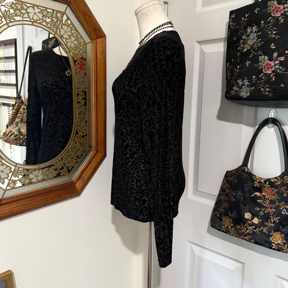 Lauren Ralph Lauren Black Velvet Burnout Paisley Long Sleeve High Neck Goth Top - Picture 4 of 8